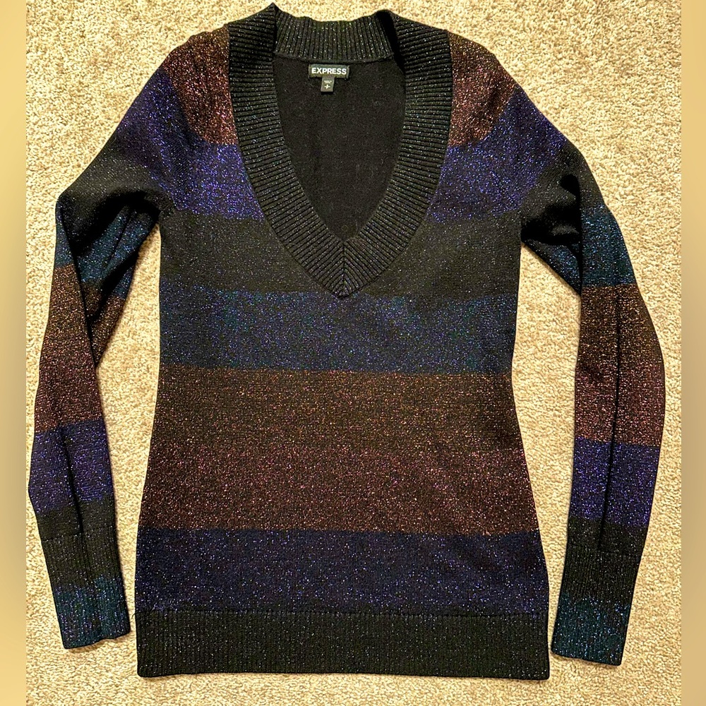 Express Women Fitted V-Neck Sweater - Shimmer Black, Purple, Blue, Red, Orange